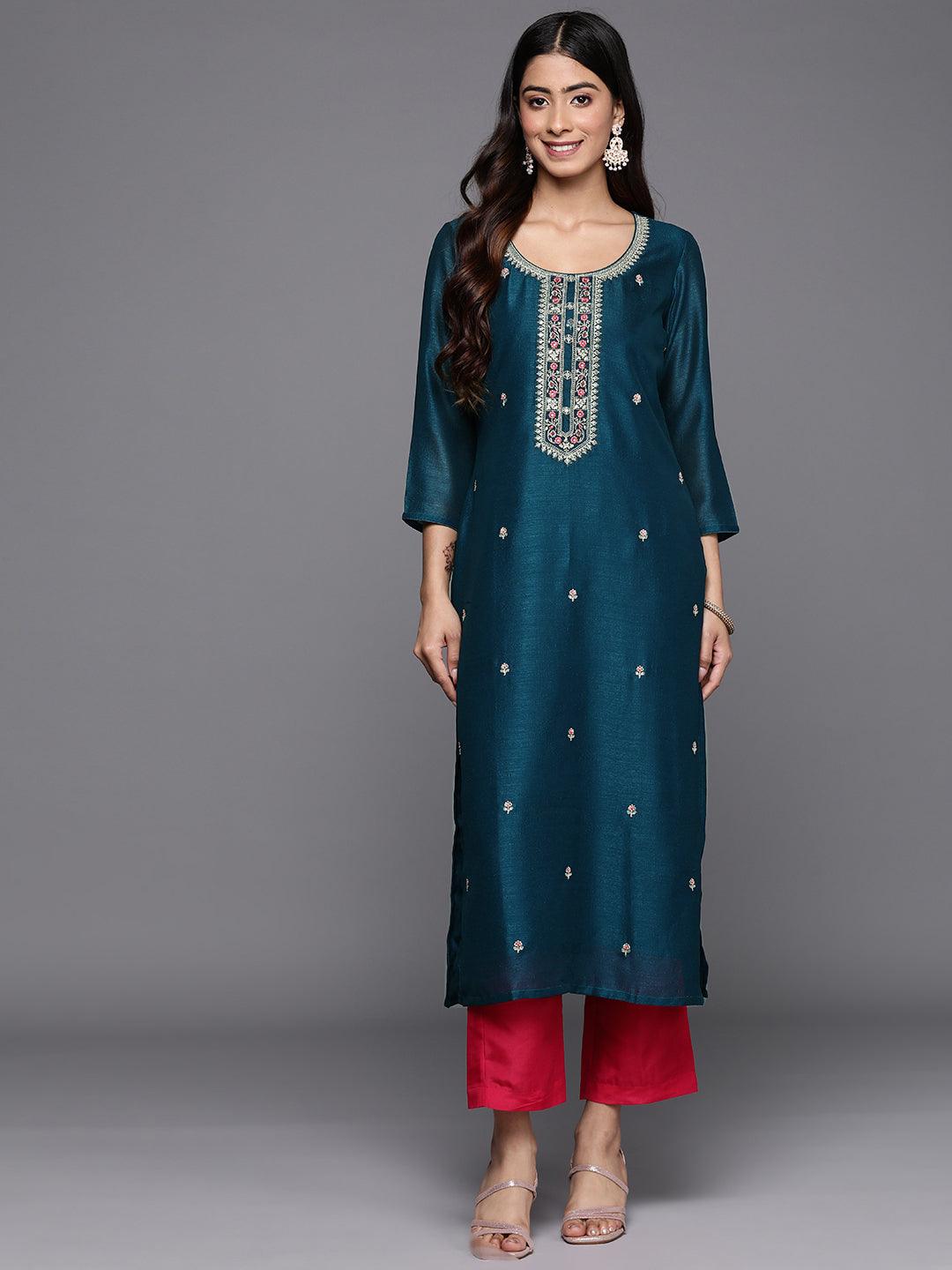 Teal Embellished Silk Straight Kurta - Libas