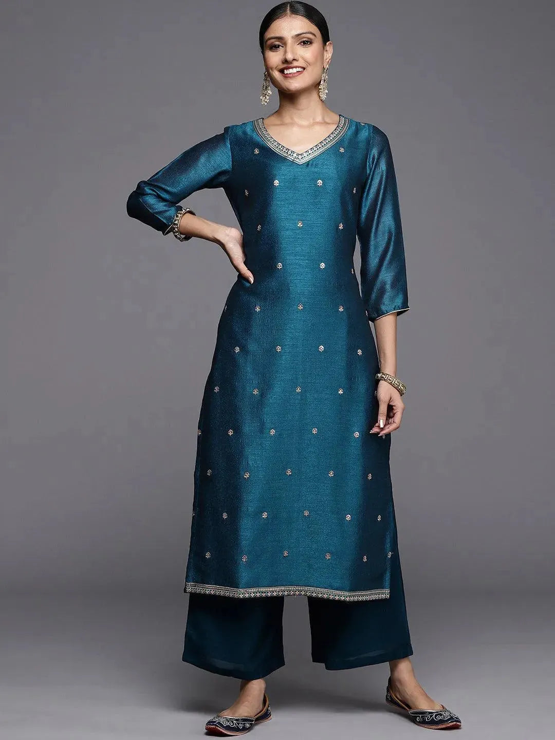 Teal Embroidered Silk Straight Kurta - Libas