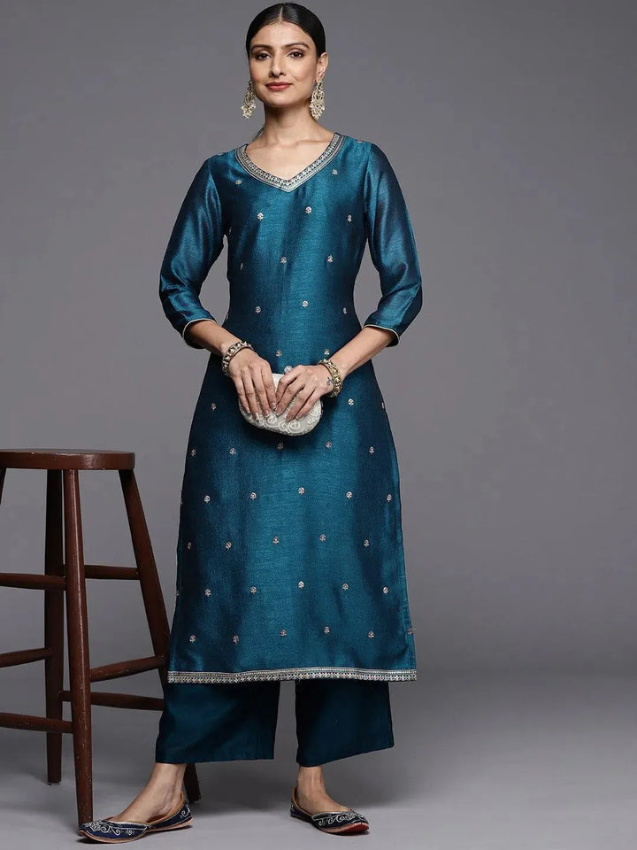 Teal Embroidered Silk Straight Kurta - Libas