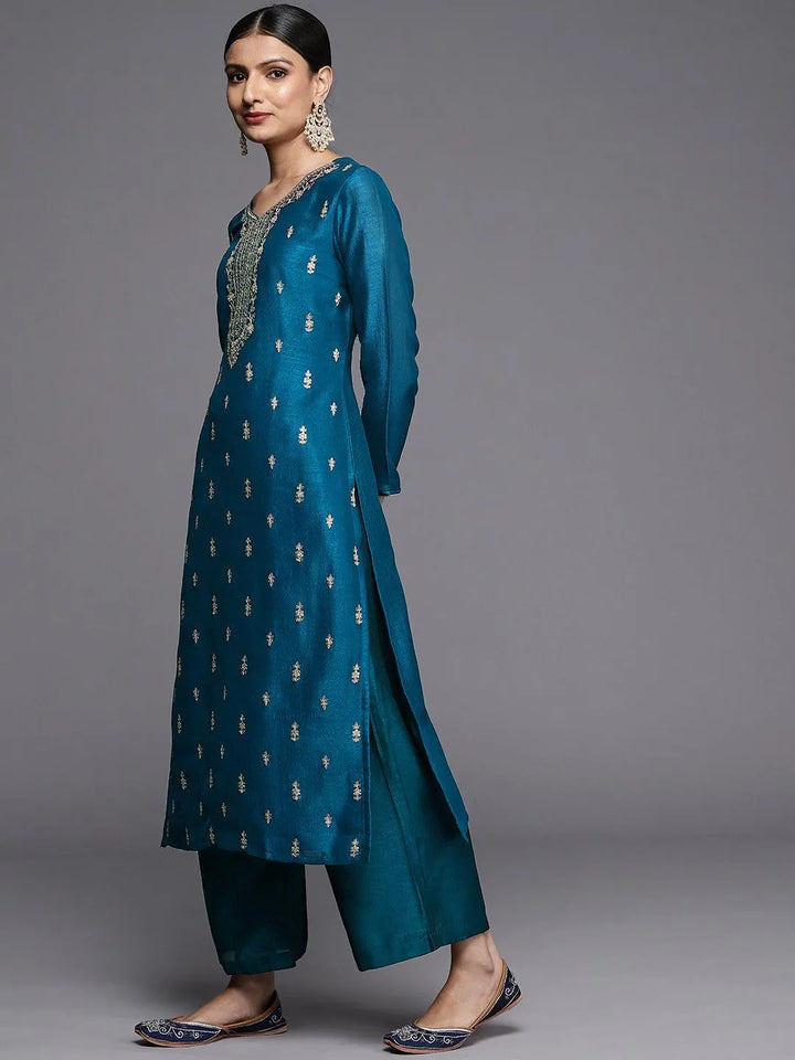 Teal Embroidered Silk Straight Kurta - Libas