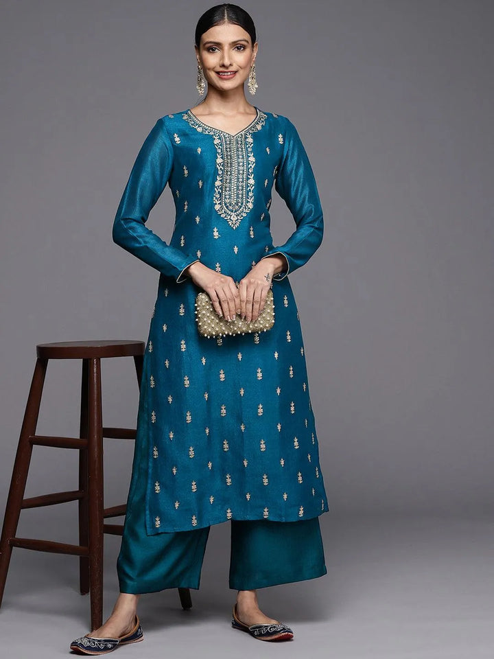 Teal Embroidered Silk Straight Kurta - Libas