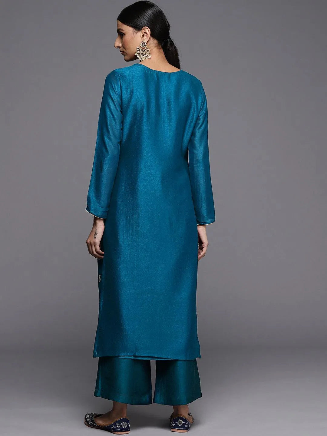 Teal Embroidered Silk Straight Kurta - Libas