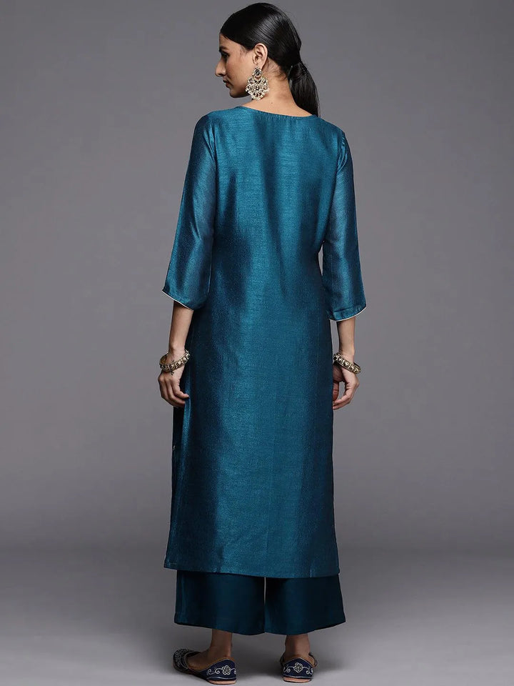 Teal Embroidered Silk Straight Kurta - Libas