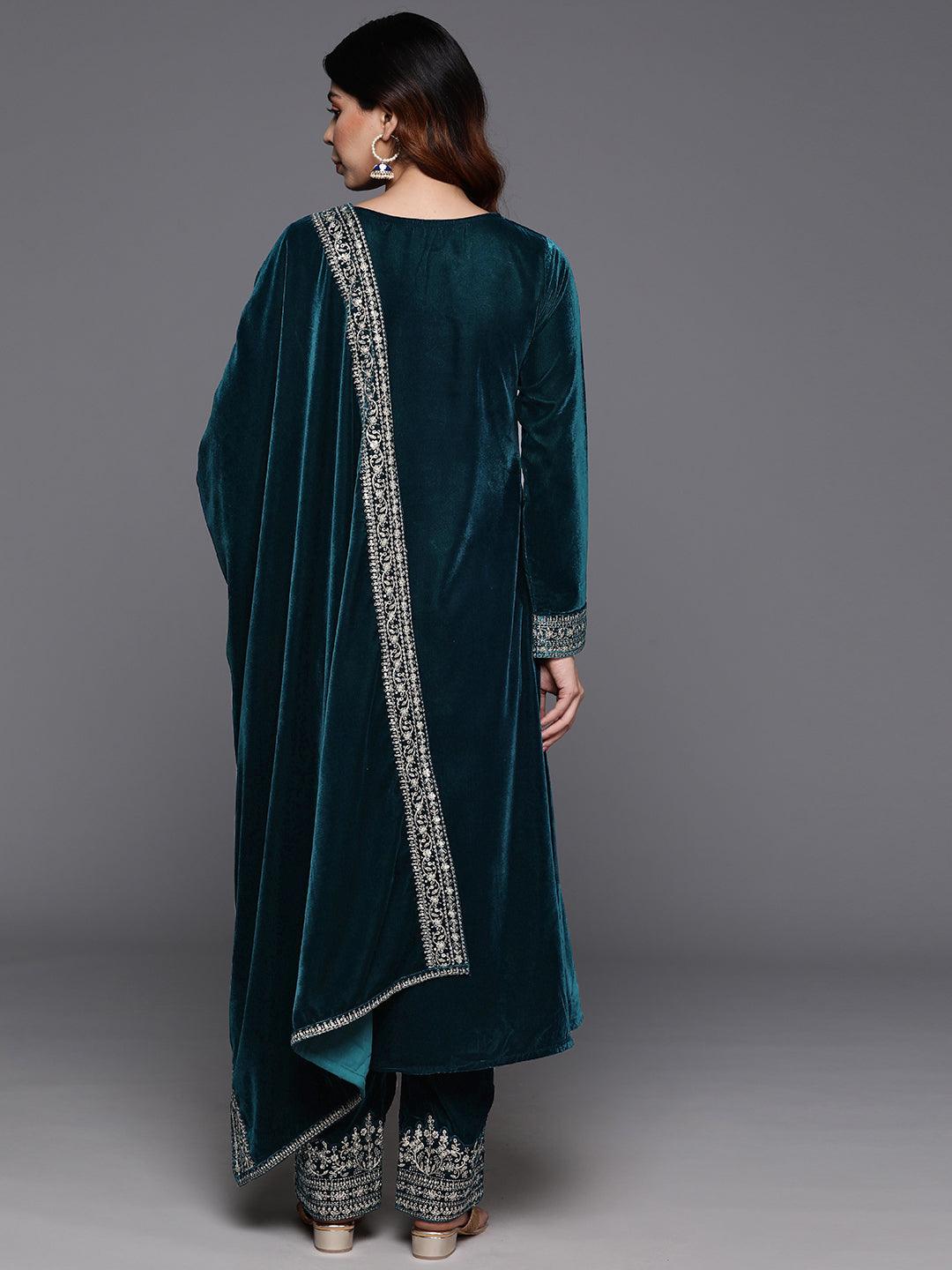 Teal Embroidered Velvet A-Line Kurta With Trousers & Dupatta - Libas