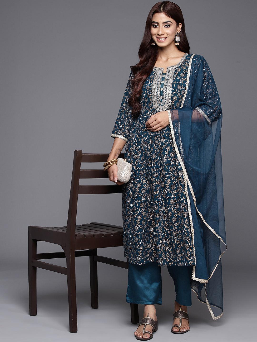 Teal Printed Georgette A-Line Kurta With Trousers & Dupatta - Libas