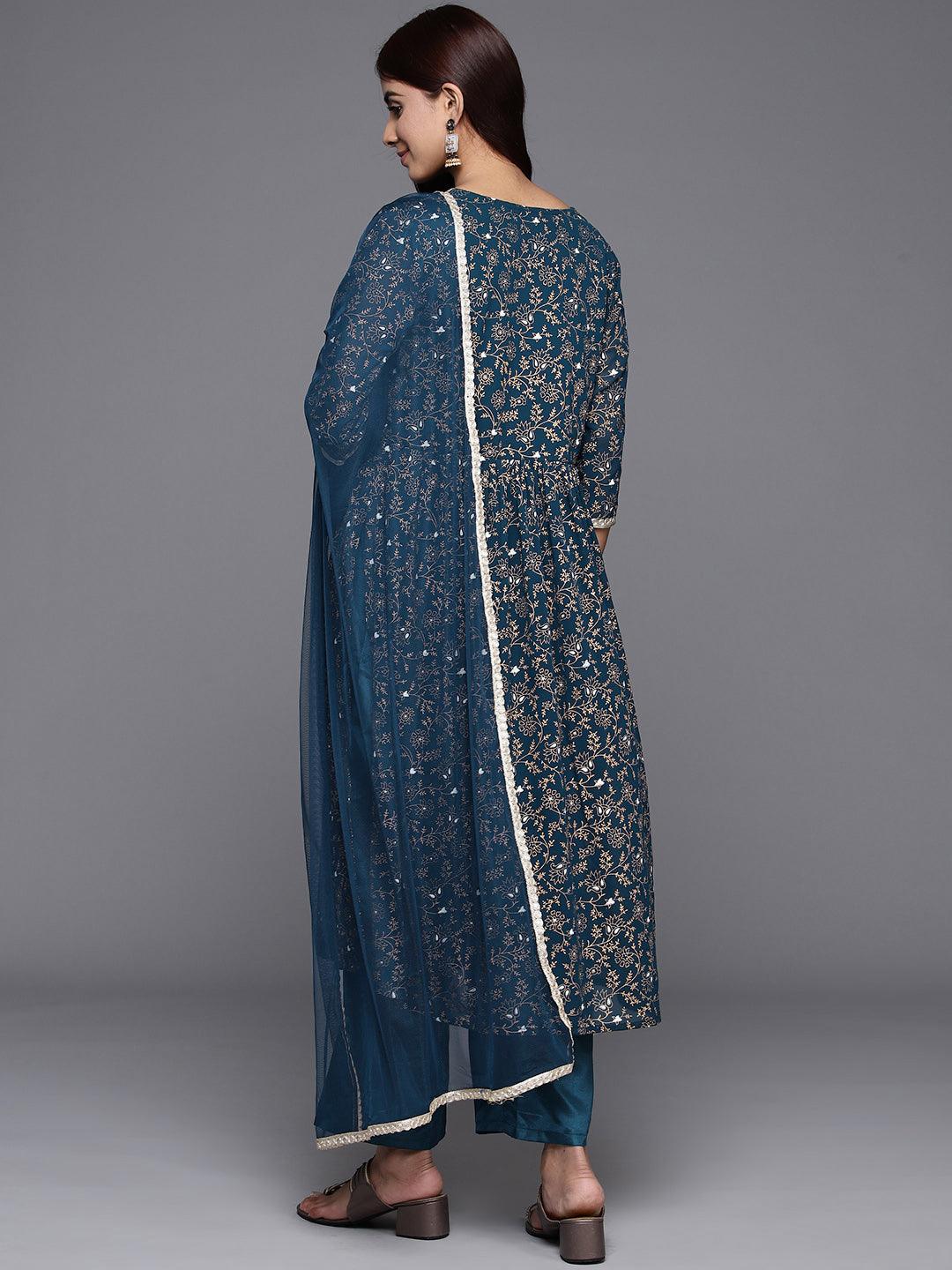 Teal Printed Georgette A-Line Kurta With Trousers & Dupatta - Libas