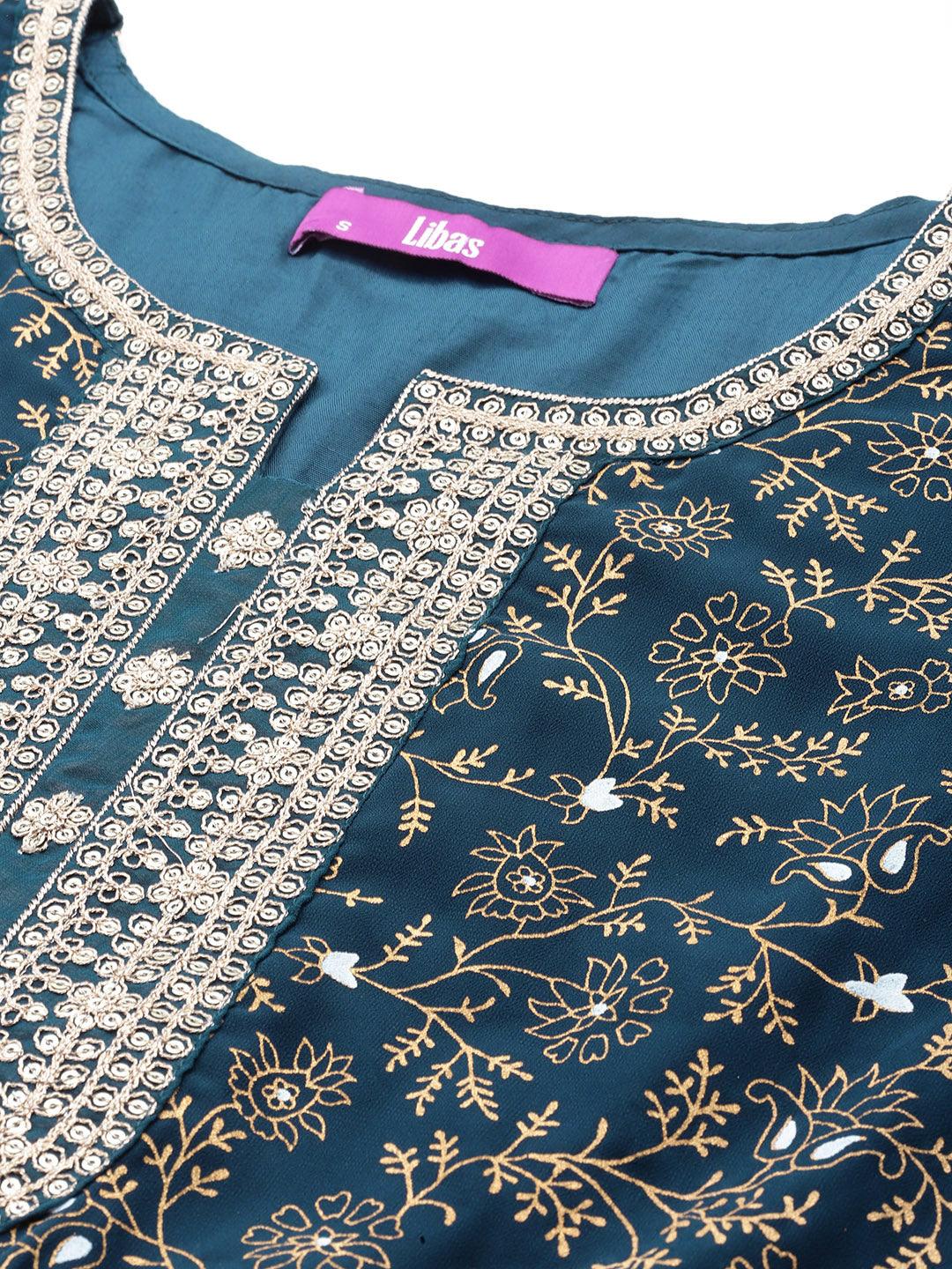 Teal Printed Georgette A-Line Kurta With Trousers & Dupatta - Libas