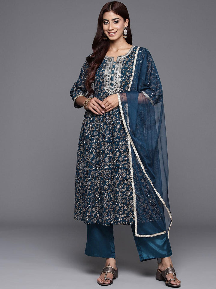 Teal Printed Georgette A-Line Kurta With Trousers & Dupatta - Libas