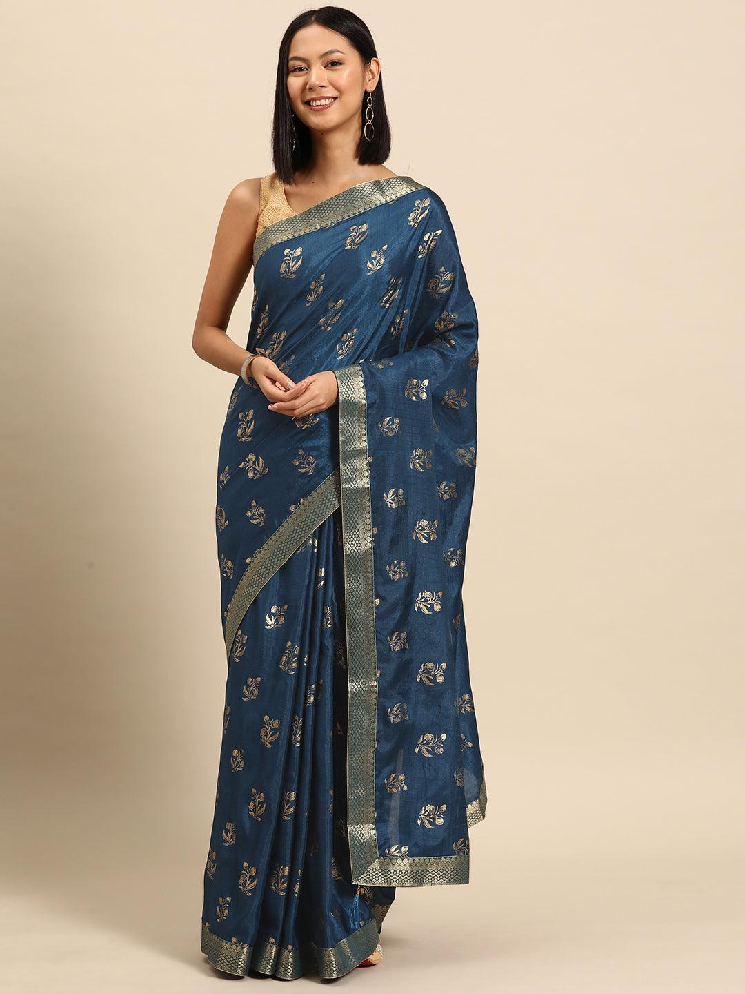 Teal Printed Silk Blend Saree - Libas 