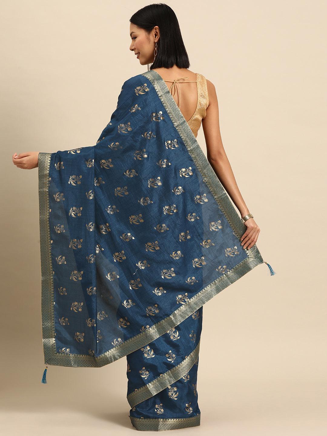 Teal Printed Silk Blend Saree - Libas 