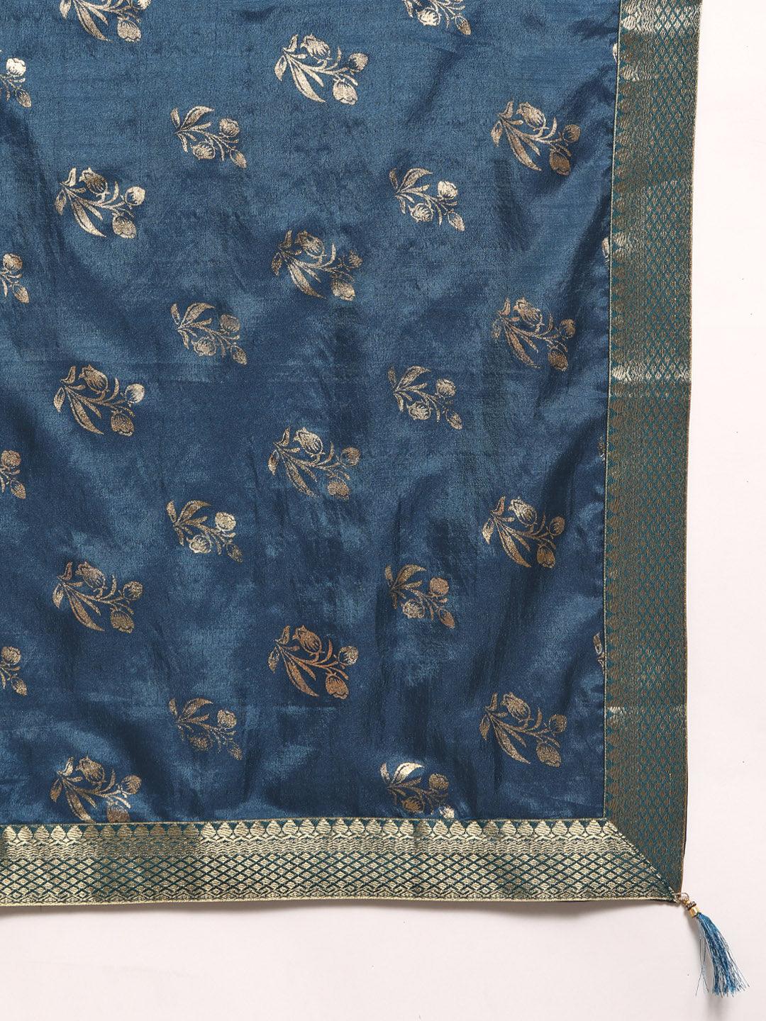 Teal Printed Silk Blend Saree - Libas 