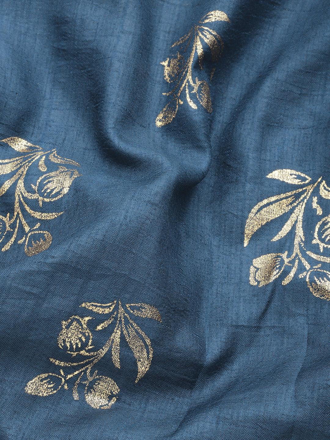 Teal Printed Silk Blend Saree - Libas 