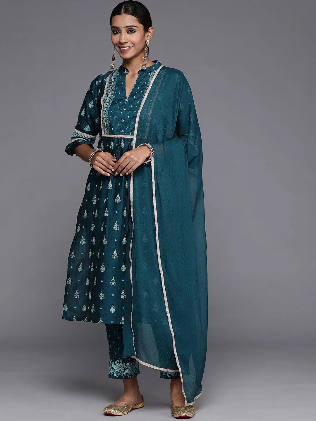 Teal Printed Silk Blend Straight Suit Set With Trousers - Libas 