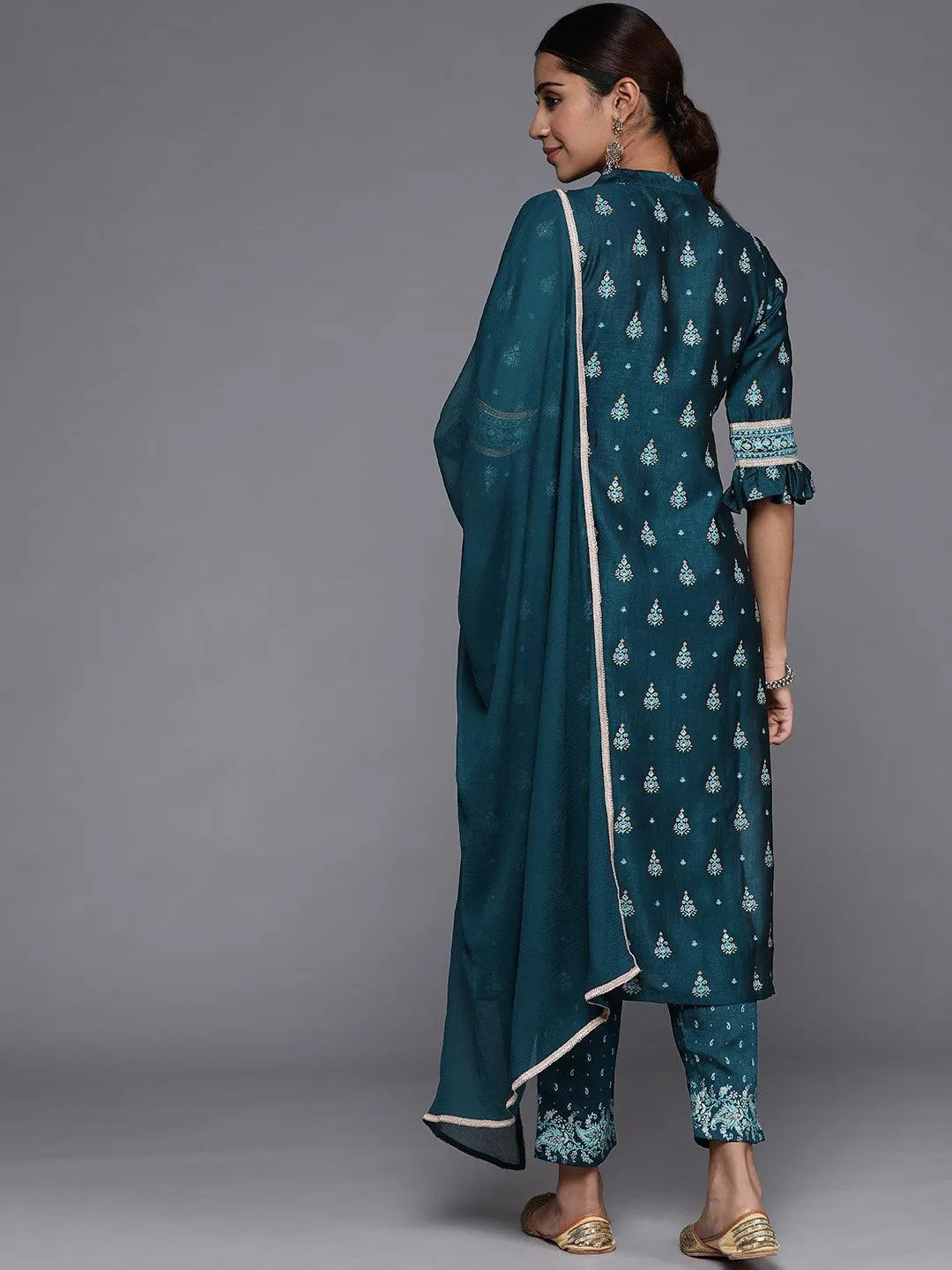 Teal Printed Silk Blend Straight Suit Set With Trousers - Libas 