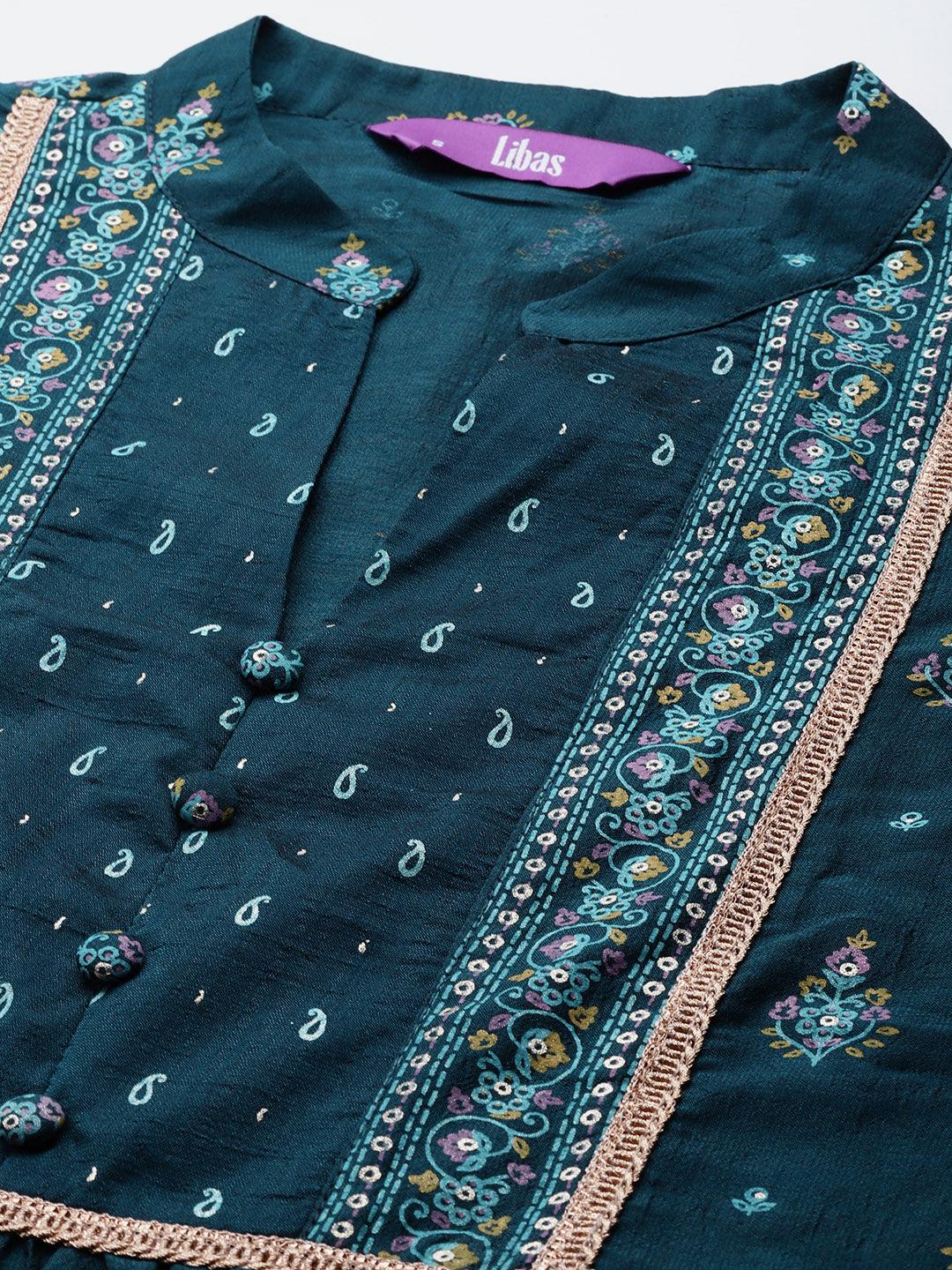 Teal Printed Silk Blend Straight Kurta With Dupatta