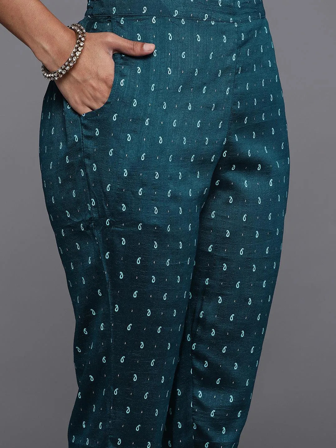 Teal Printed Silk Blend Straight Suit Set With Trousers - Libas 