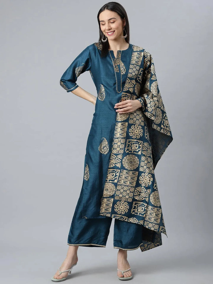 Teal Printed Silk Blend Suit Set - Libas