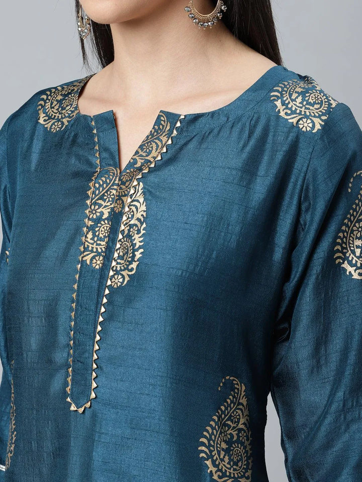 Teal Printed Silk Blend Suit Set - Libas