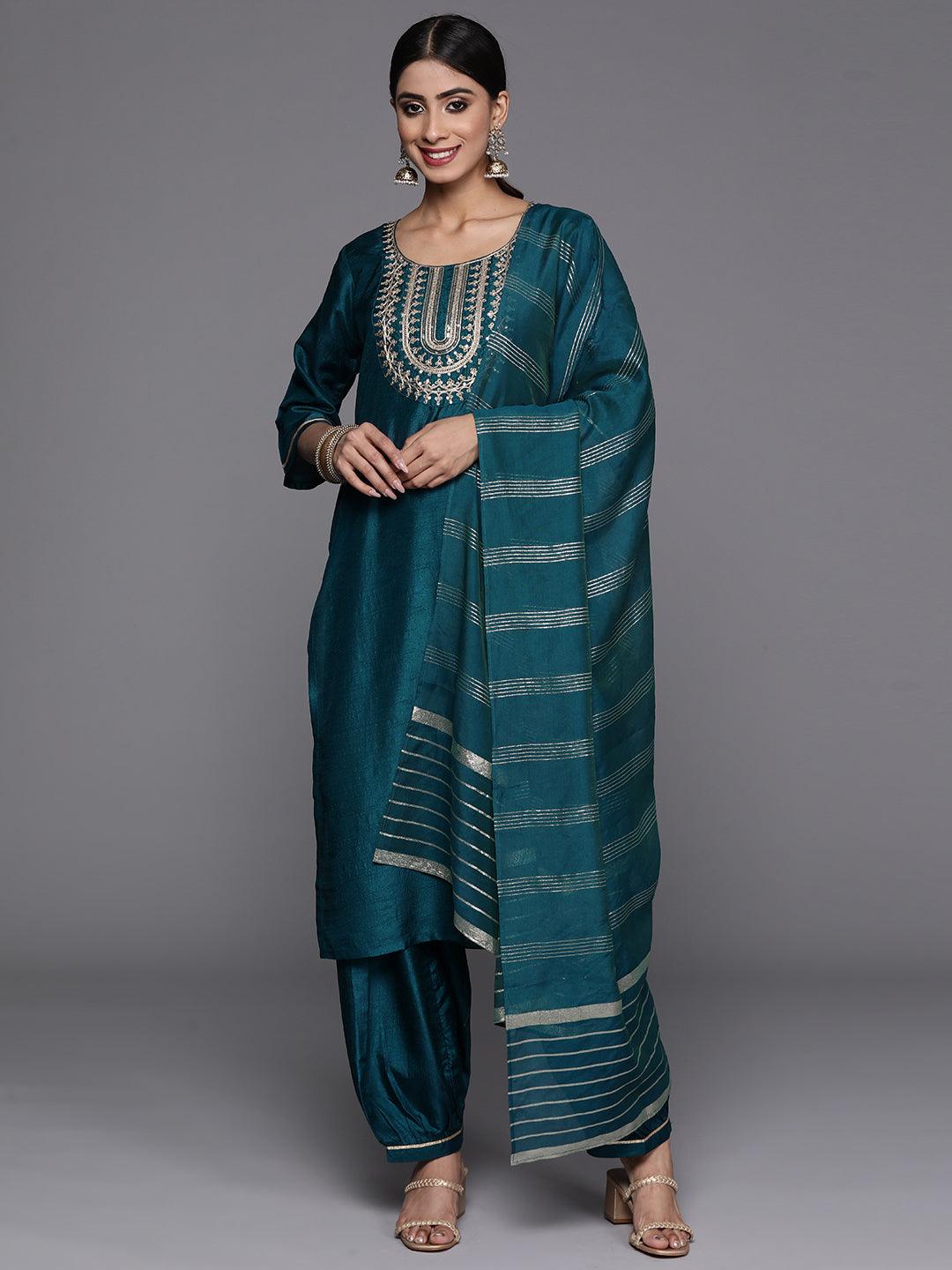 Teal Printed Silk Blend Straight Kurta With Salwar & Dupatta - Libas