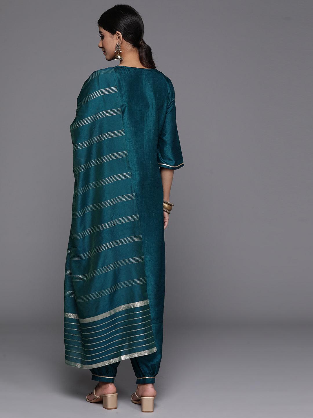 Teal Printed Silk Blend Straight Kurta With Salwar & Dupatta - Libas