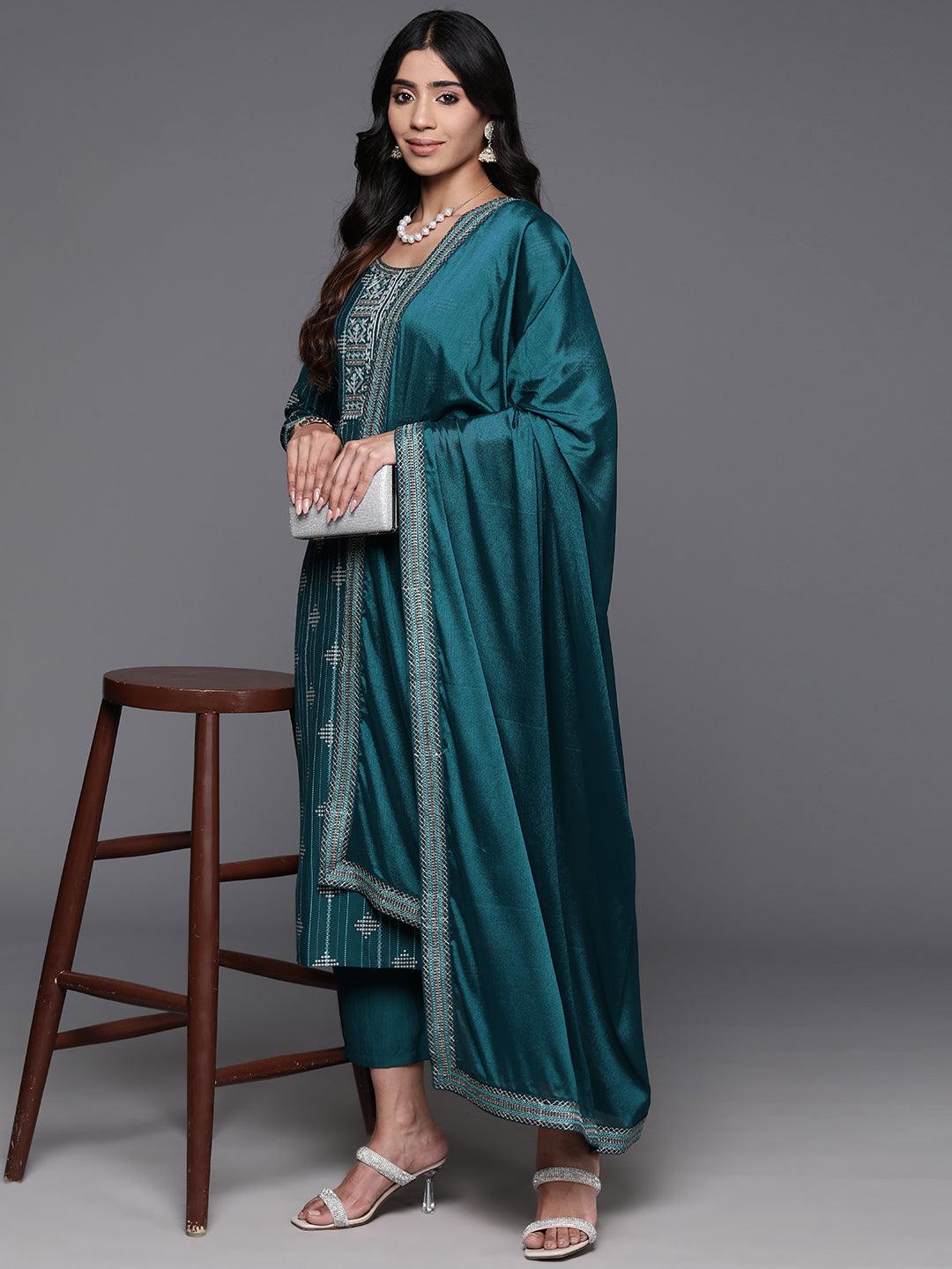 Teal Printed Silk Blend Straight Kurta With Trousers & Dupatta - Libas