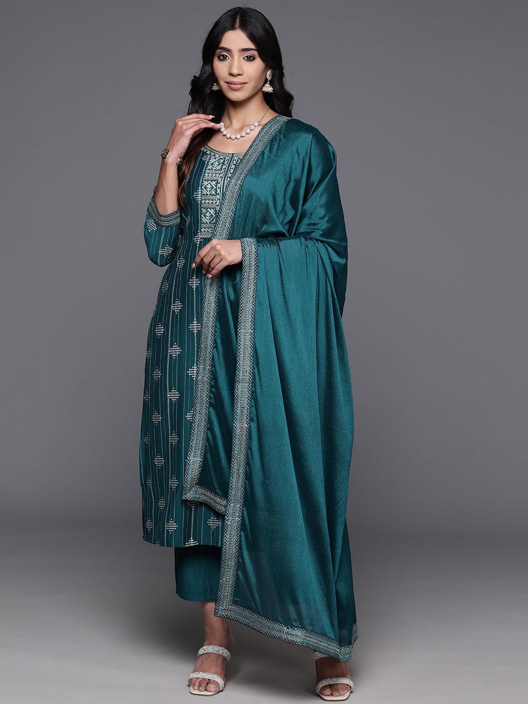 Teal Printed Silk Blend Straight Kurta With Trousers & Dupatta - Libas