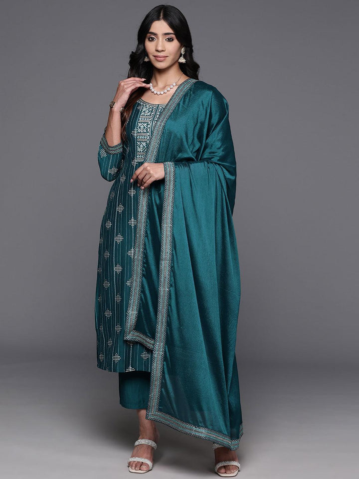 Teal Printed Silk Blend Straight Kurta With Trousers & Dupatta - Libas