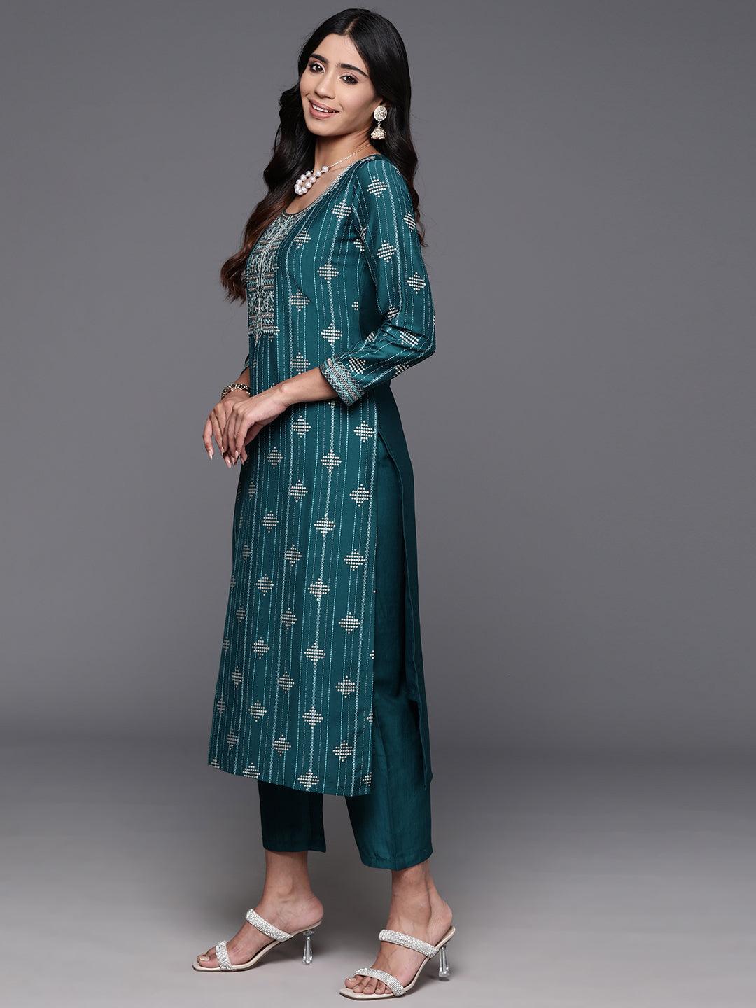 Teal Printed Silk Blend Straight Kurta With Trousers & Dupatta - Libas