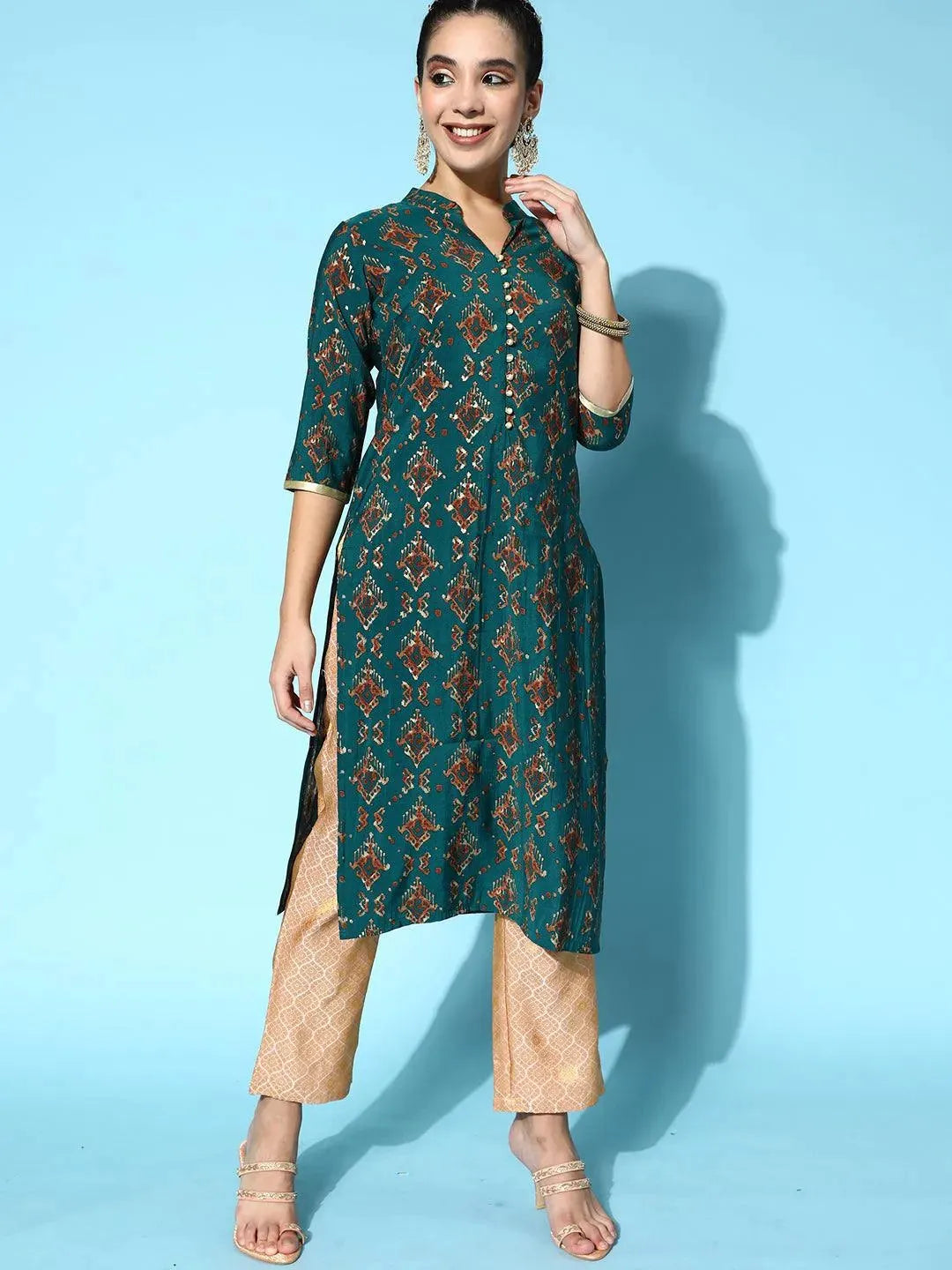 

Teal Printed Silk Straight Kurta