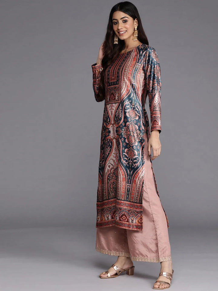 Teal Printed Velvet Straight Kurta - Libas