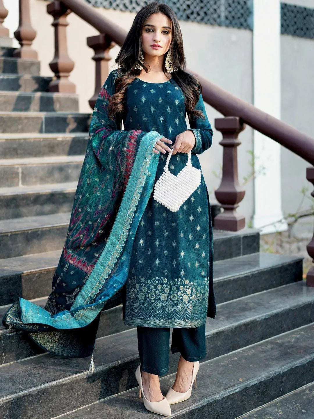 Teal Self Design Pashmina Wool Straight Kurta With Dupatta - Libas