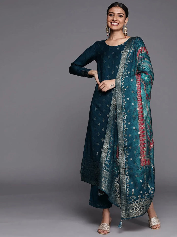 Teal Self Design Pashmina Wool Straight Suit Set - Libas