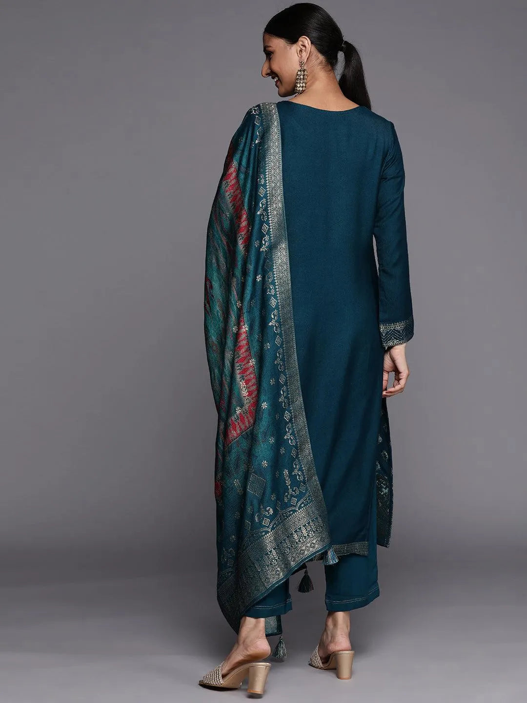 Teal Self Design Pashmina Wool Straight Suit Set - Libas