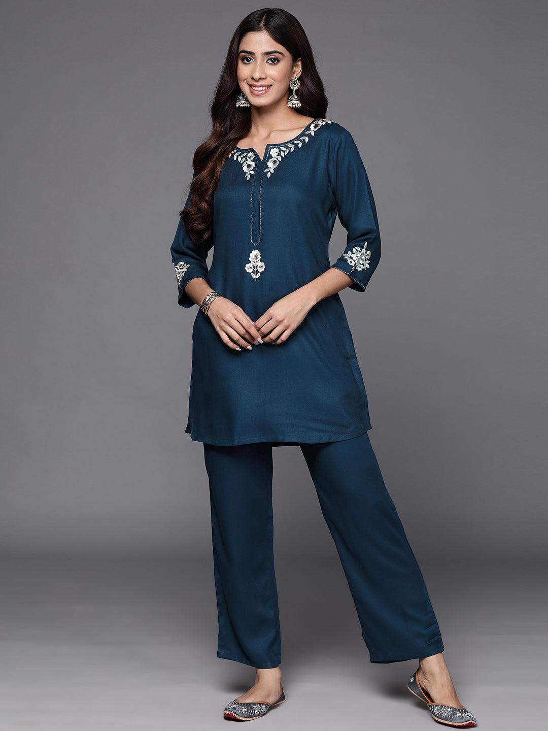 Teal Self Design Wool Blend Tunic With Trousers - Libas