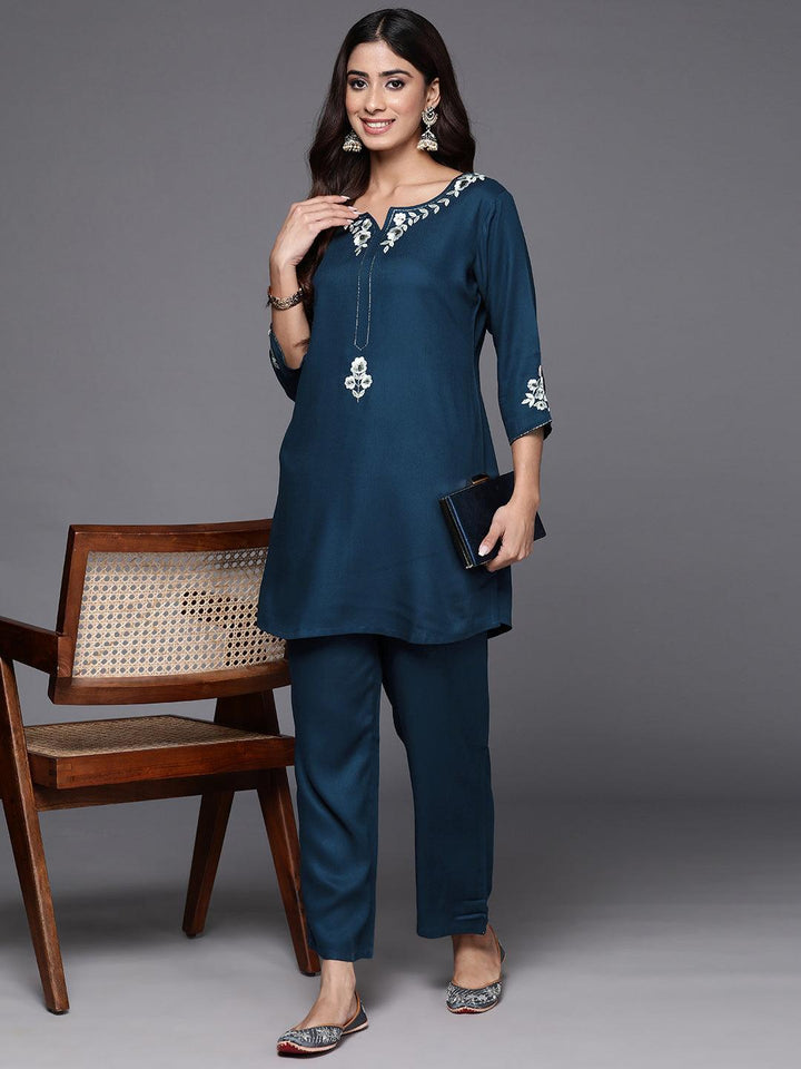 Teal Self Design Wool Blend Tunic With Trousers - Libas