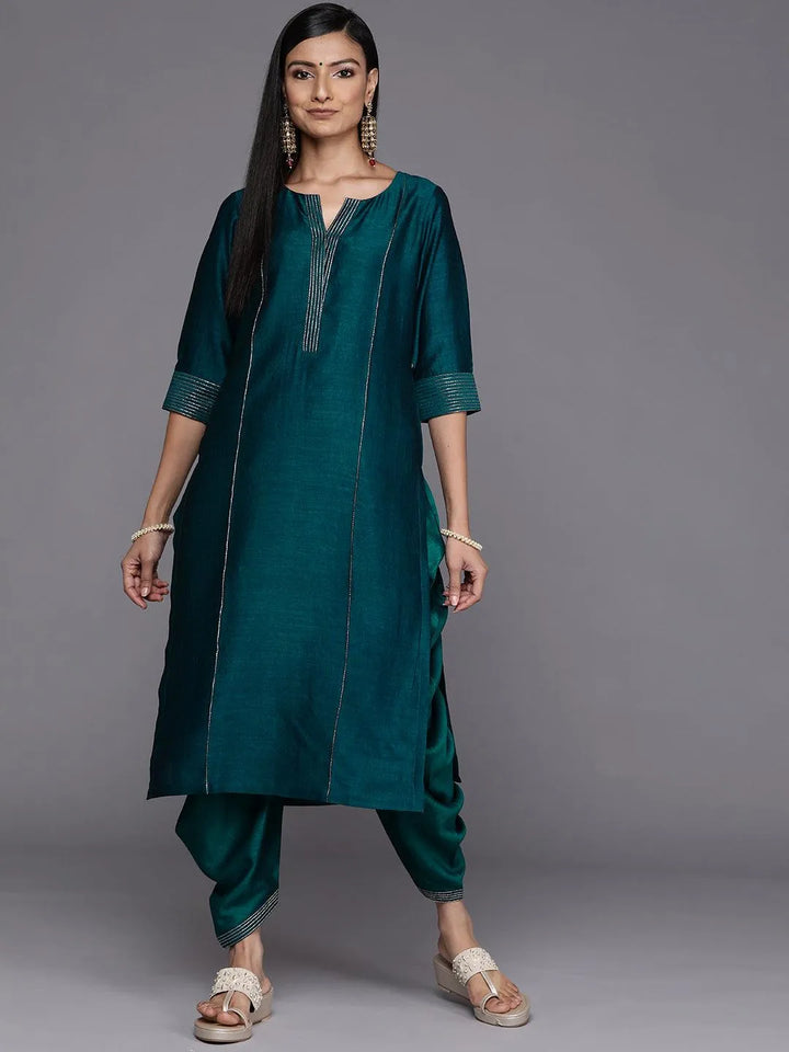 Teal Solid Silk Straight Kurta - Libas