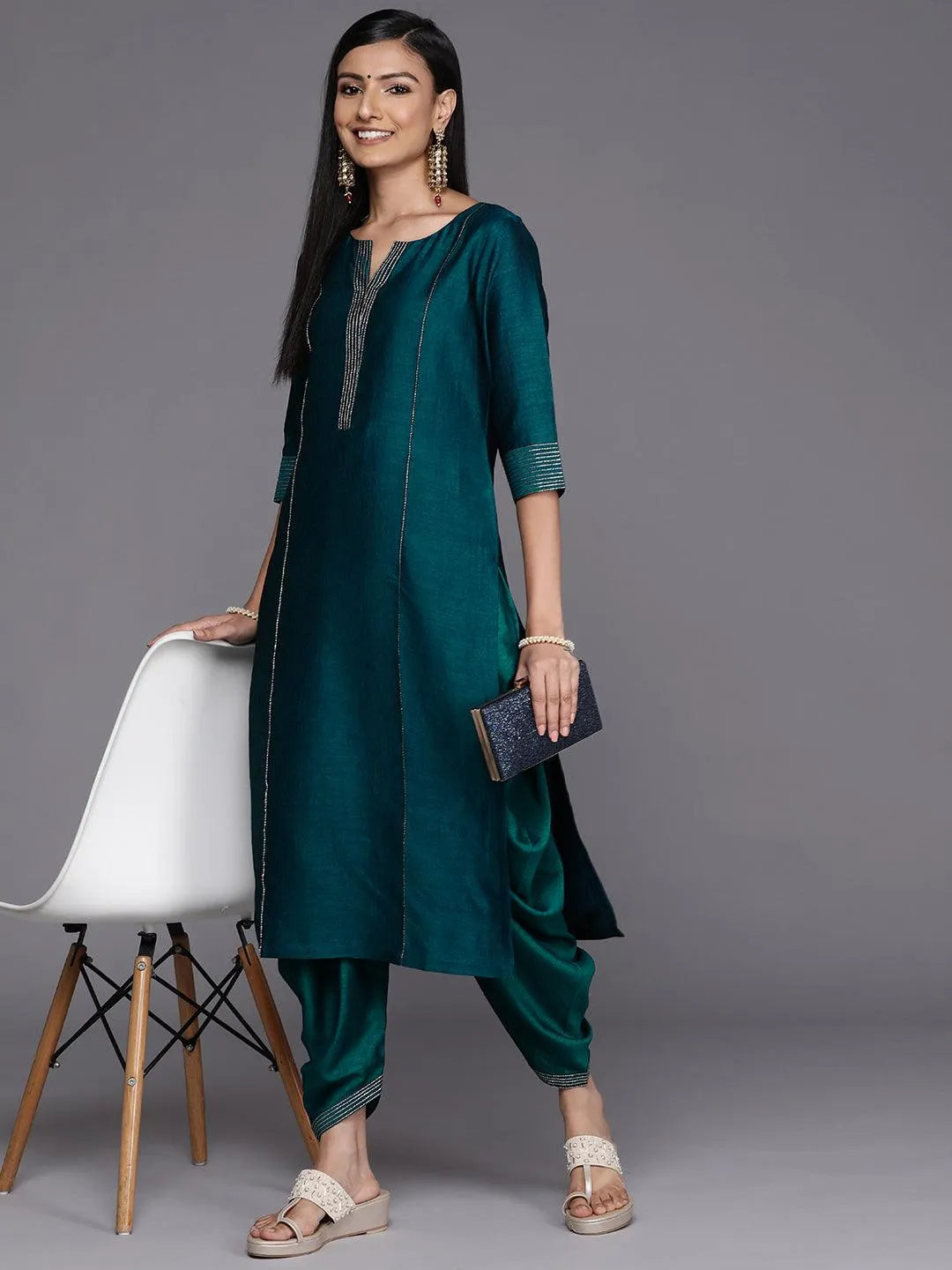 Teal Solid Silk Straight Kurta - Libas