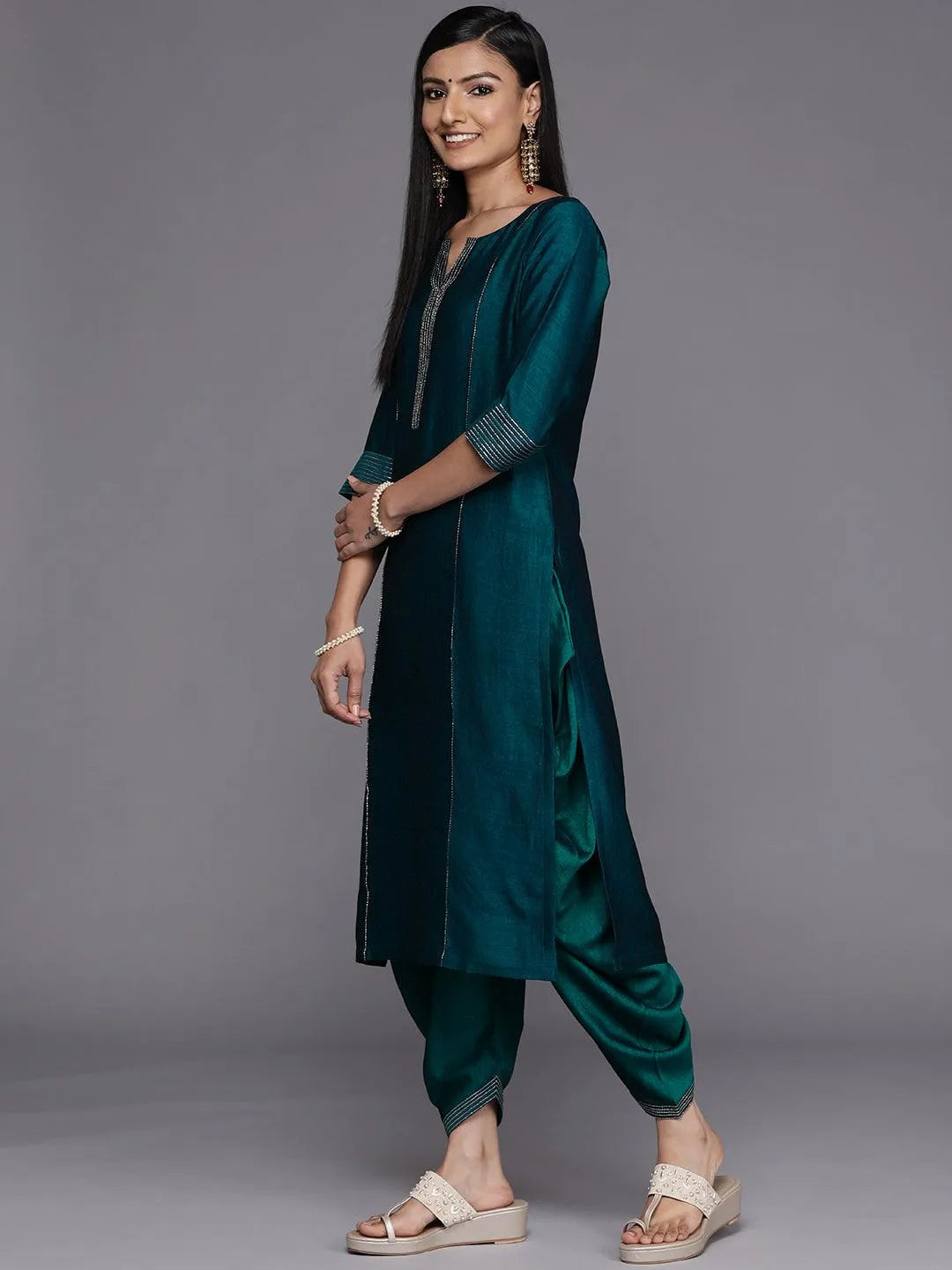 Teal Solid Silk Straight Kurta - Libas