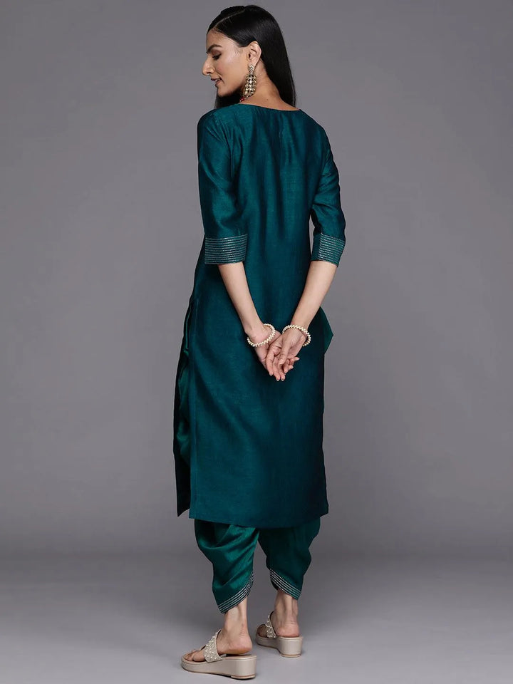 Teal Solid Silk Straight Kurta - Libas