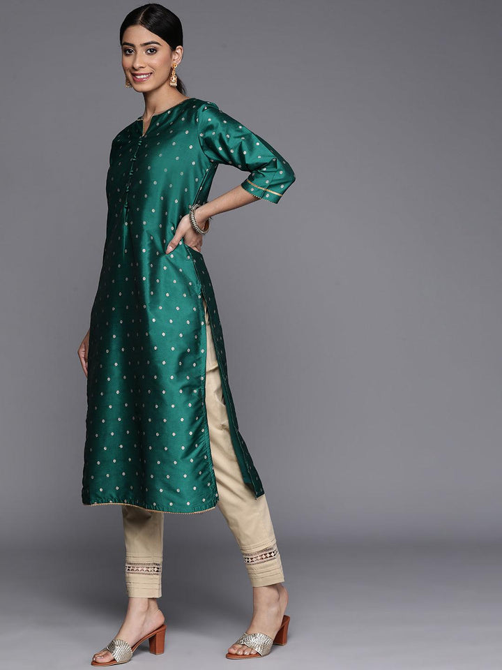 Teal Woven Design Art Silk Straight Kurta - Libas