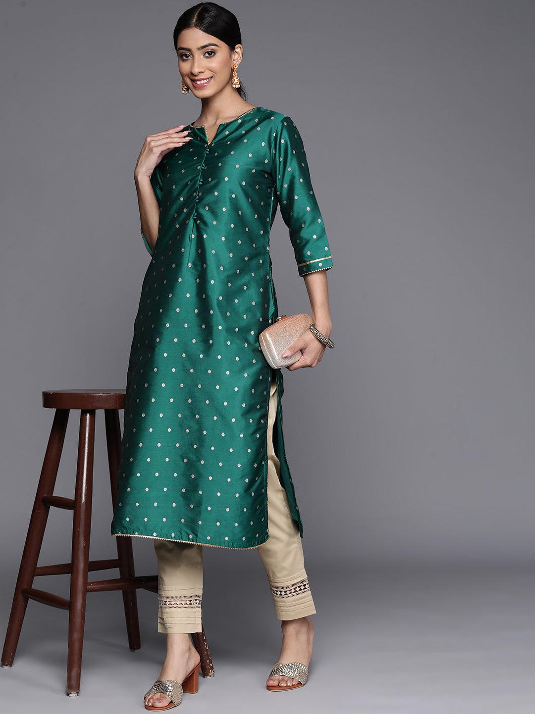 Teal Woven Design Art Silk Straight Kurta - Libas