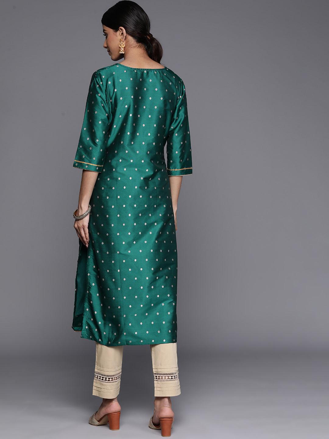 Teal Woven Design Art Silk Straight Kurta - Libas