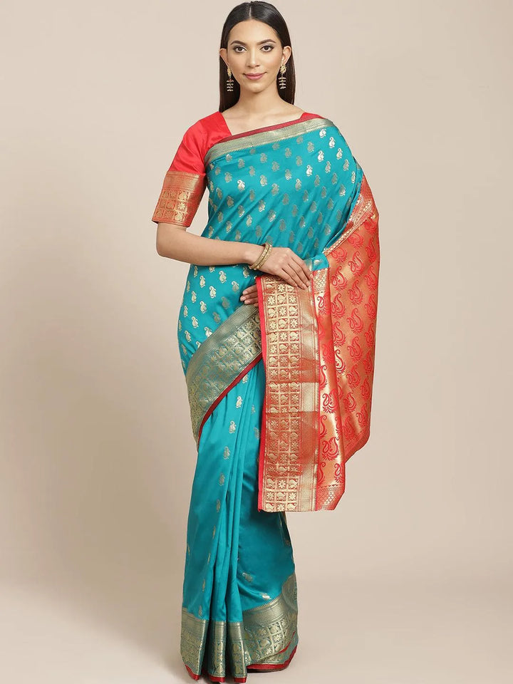 Teal Woven Design Brocade Saree - Libas