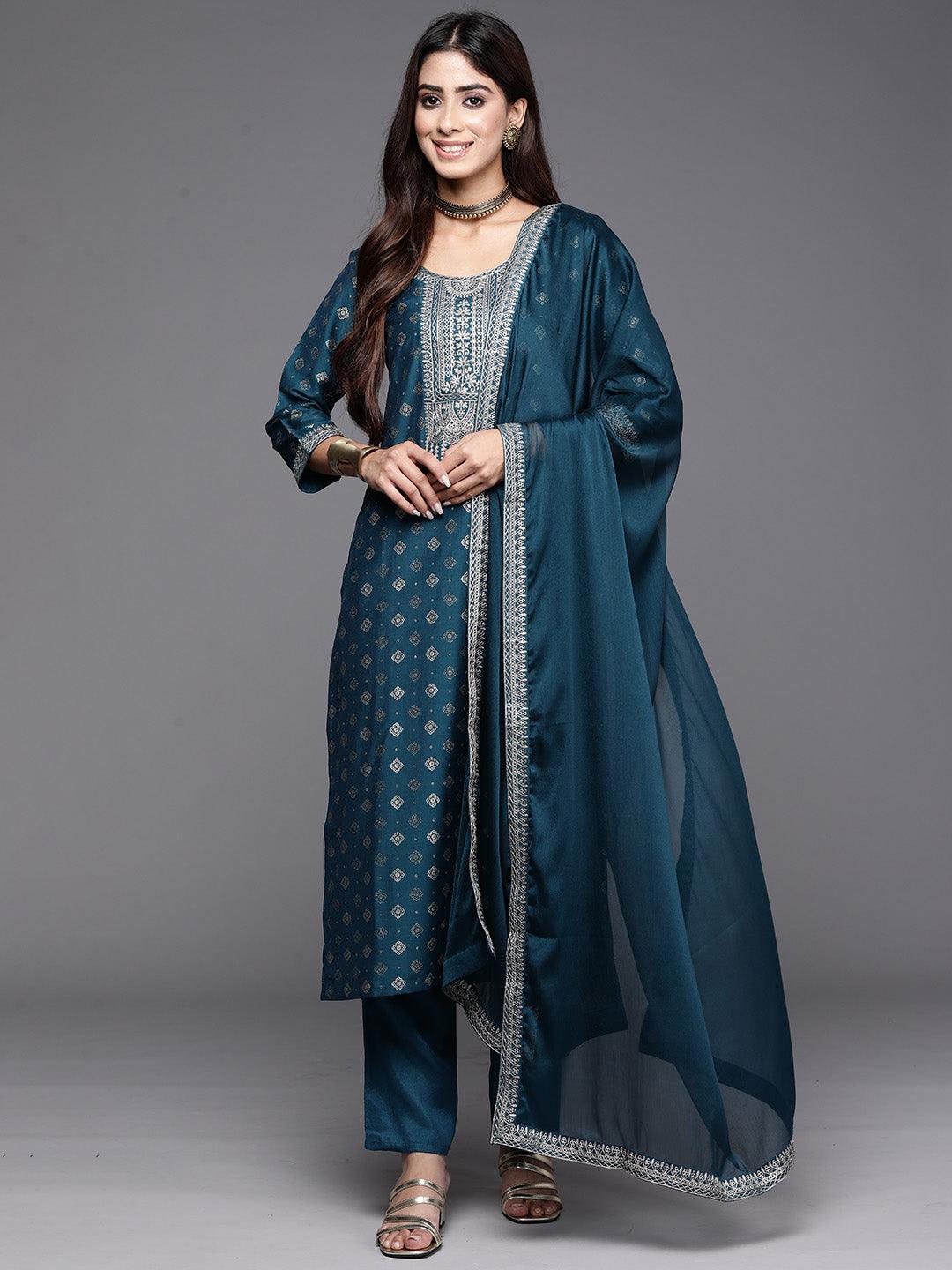 Teal Woven Design Silk Blend Straight Kurta With Trousers & Dupatta - Libas 