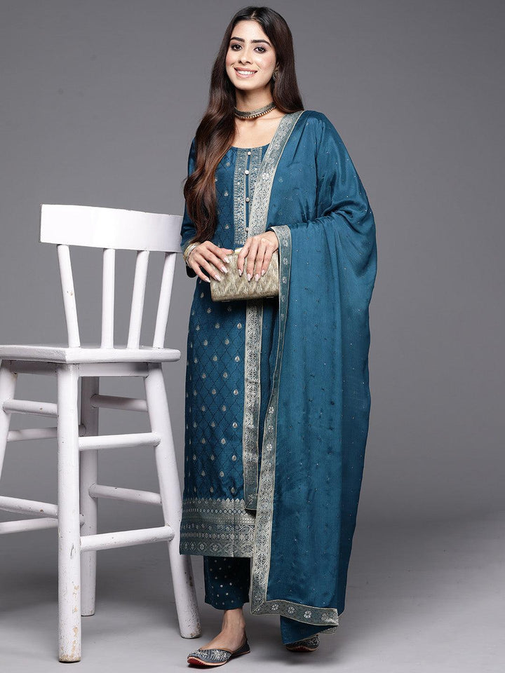 Teal Woven Design Silk Blend Straight Kurta With Trousers & Dupatta - Libas