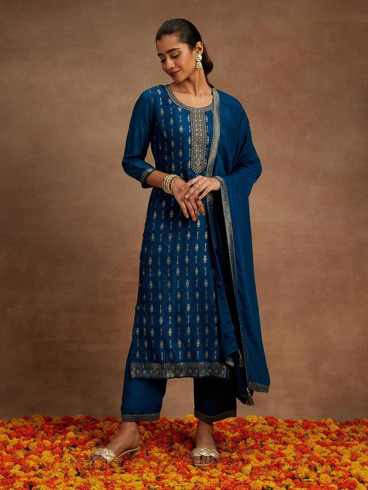 Teal Woven Design Silk Blend Straight Kurta With Trousers & Dupatta - Libas