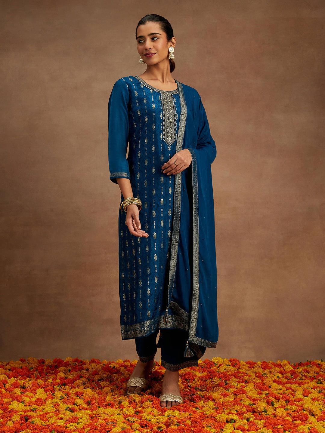 Teal Woven Design Silk Blend Straight Kurta With Trousers & Dupatta - Libas