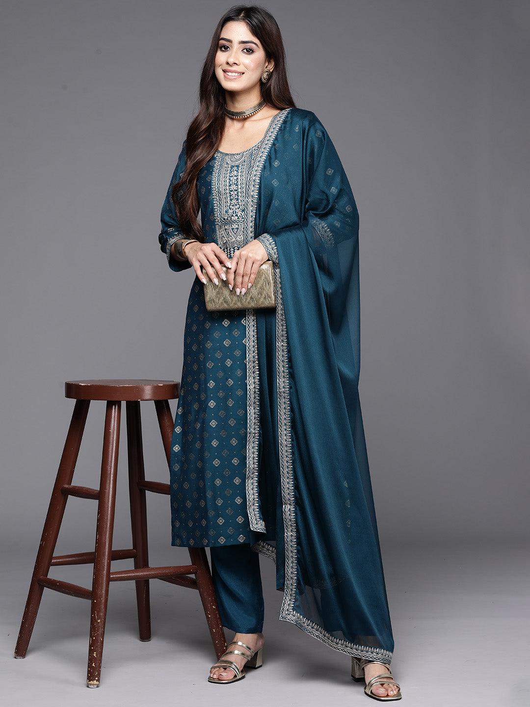 Teal Woven Design Silk Blend Straight Kurta With Trousers & Dupatta - Libas 