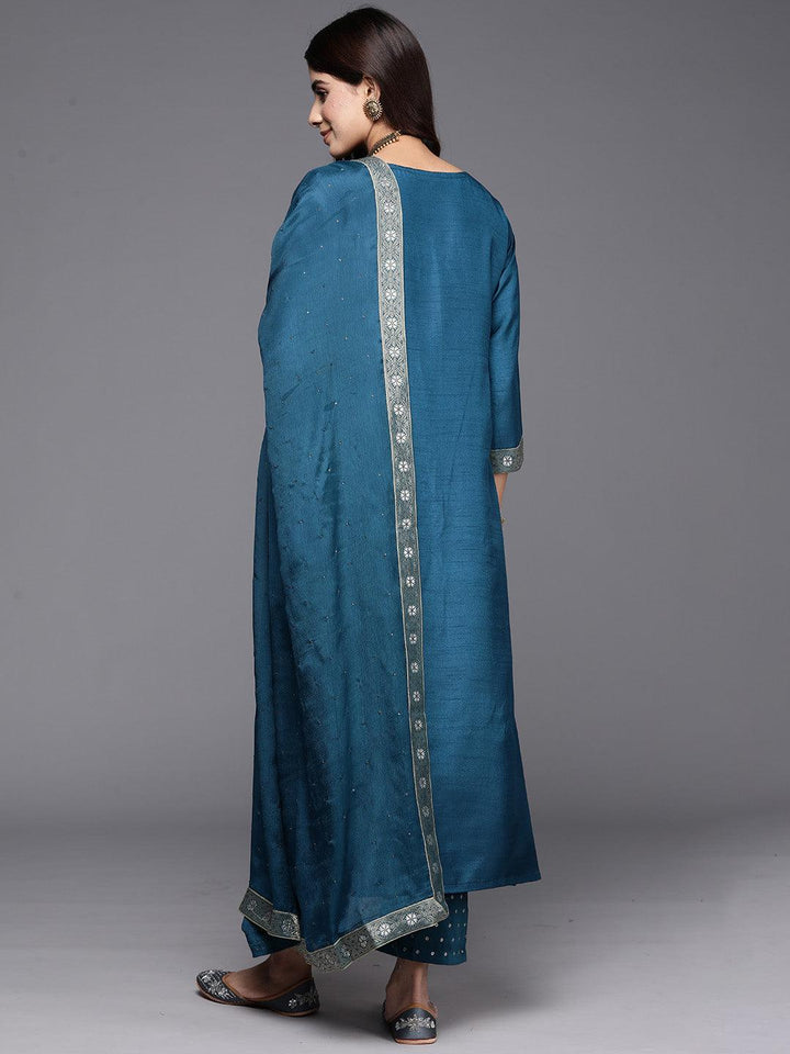 Teal Woven Design Silk Blend Straight Kurta With Trousers & Dupatta - Libas