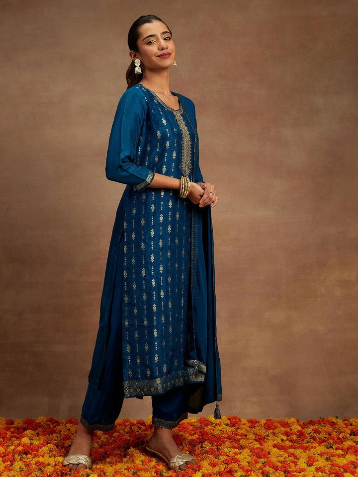 Teal Woven Design Silk Blend Straight Kurta With Trousers & Dupatta - Libas